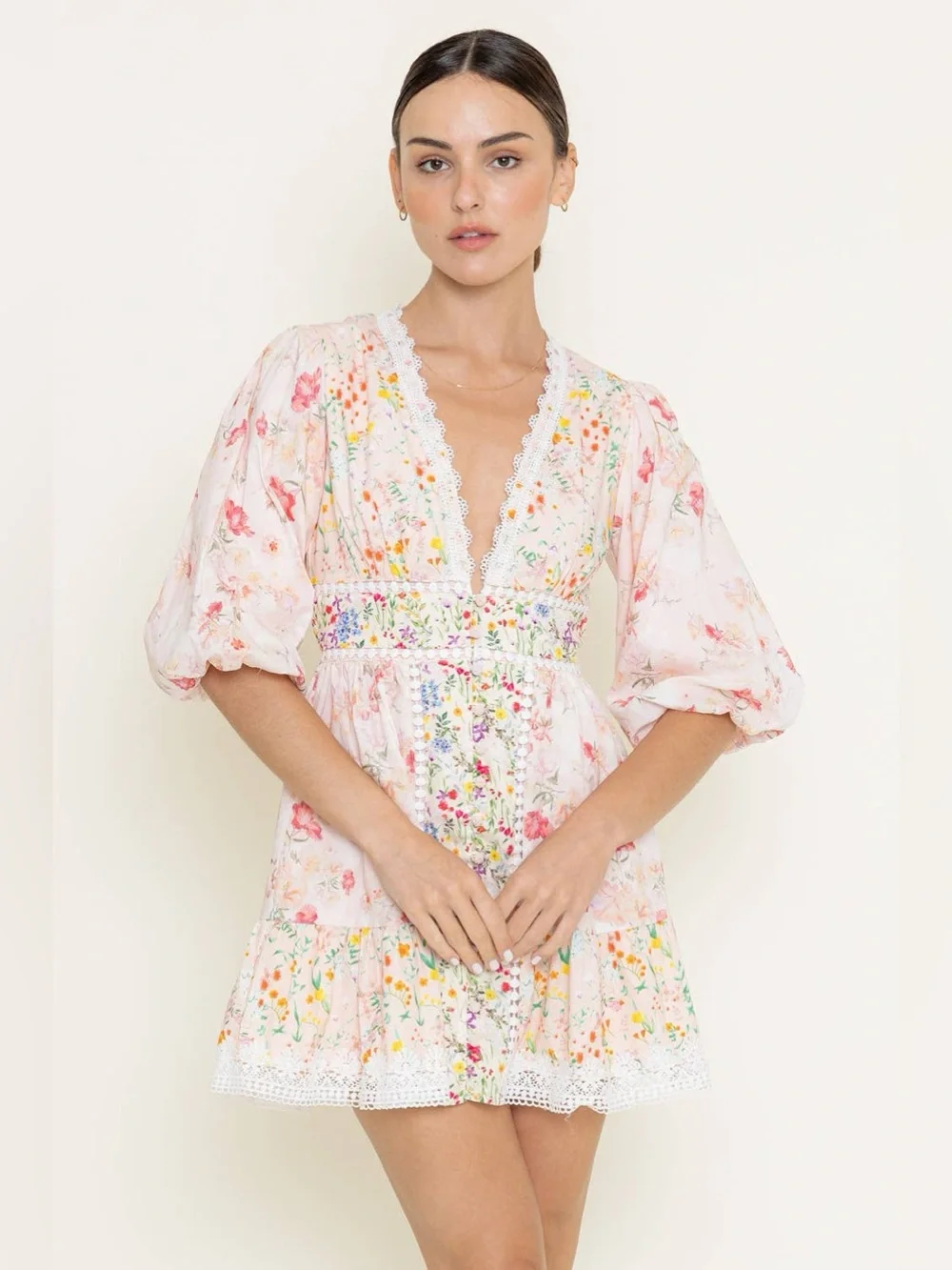 NWOT FORE Collection Floral Print Cotton Crochet Bubble Hem Sleeve Mini Dress - Picture 3 of 13